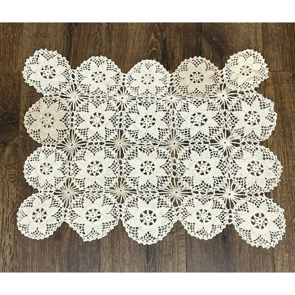 Vintage Handmade Crochet Doily Rectangular Beige Table Décor